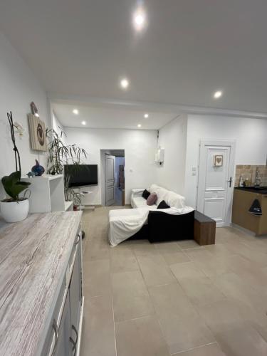 un salon avec un canapé et un lit dans l'établissement Charmant appartement rénové, à Seillans