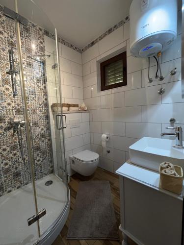 a bathroom with a shower and a toilet and a sink at Seashell apartment in Vrsar