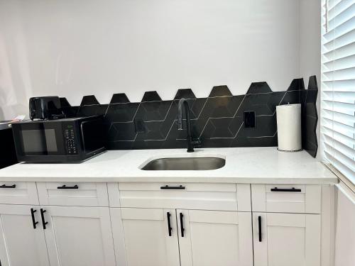 a kitchen counter with a sink and a microwave at Getaway Private Suite C in Lutz
