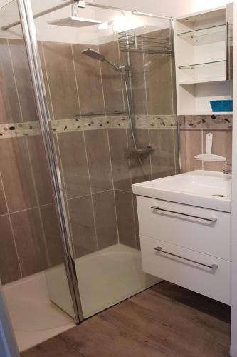une salle de bain avec douche et lavabo dans l'établissement Magnifique et moderne T2 - Honolulu 52, à Canet