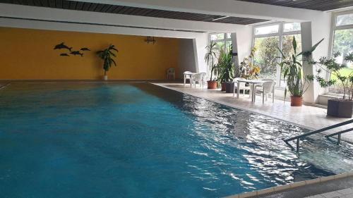 a large swimming pool with a table and chairs at Ferienwohnung Mia in Sankt Englmar