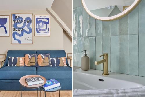 un salon avec un canapé bleu et un miroir dans l'établissement Charming Studio Center of Paris Le Marais by Studio Prestige, à Paris