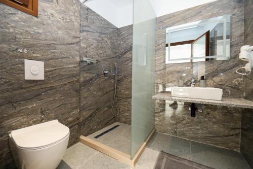 a bathroom with a toilet and a sink and a shower at Vila Dena in Vlorë