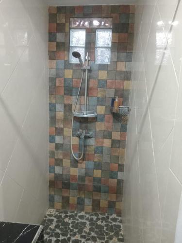 a shower in a bathroom with a tiled wall at Pondok Dauh Ancak in Tabanan