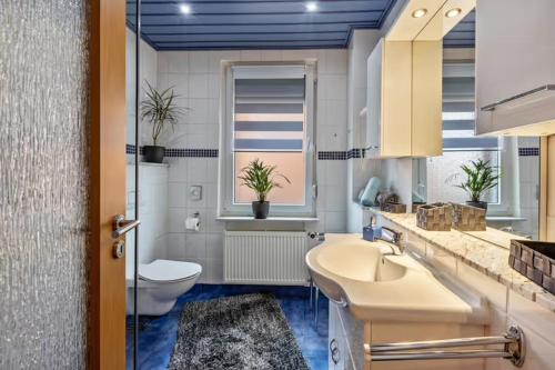 a bathroom with a sink and a toilet and a window at Christels Ferienwohnung 2 in Thale mit überdachter Terrasse, Küche mit TV & Geschirrspüler in Thale