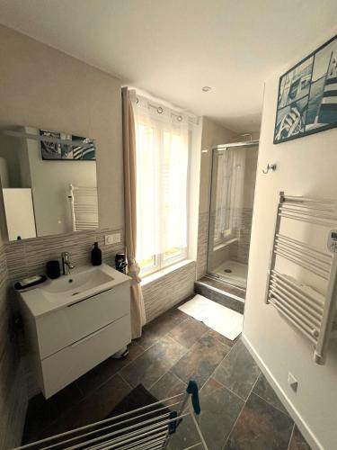 une salle de bain avec un lavabo et une douche avec une fenêtre dans l'établissement Europe, à Épernay