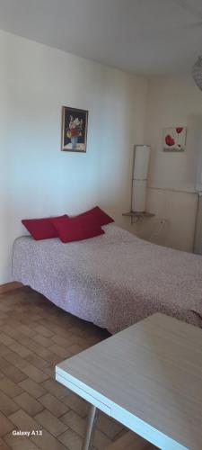 a bedroom with a bed with red pillows and a table at F3 RDC villa vue mer 180 face à la pointe de Giens in Carqueiranne