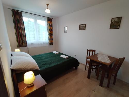 a bedroom with a bed and a table and a desk at Bieszczadzkie Brzegi in Ustrzyki Dolne