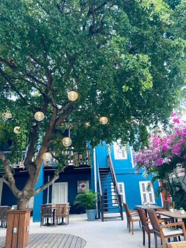 a blue building with tables and chairs and trees at Atelier Skalo Boutique Hotel in Willemstad