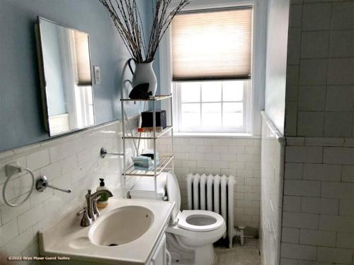 Un baño con lavabo, inodoro y ventana. en Bryn Mawr Guest Suites, en Bryn Mawr