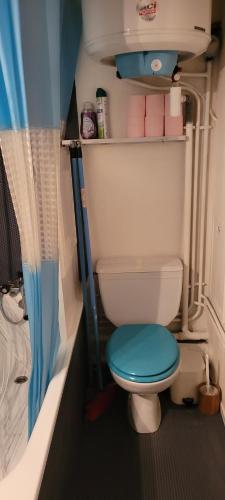a small bathroom with a toilet with a blue seat at Appartement montagne in Superbagnères