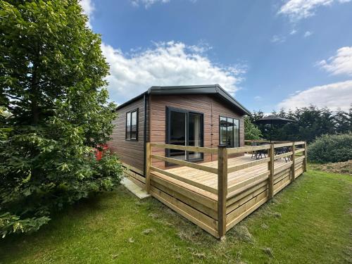 a tiny house with a deck in a yard at Cackle hill lakes, heron lodge in Biddenden