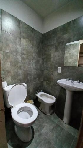 a bathroom with a toilet and a sink at Hotel Litoral CERCA DE MOVISTAR ARENA in Buenos Aires
