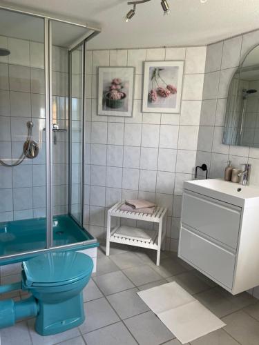 ein Badezimmer mit einer Badewanne, einem WC und einem Waschbecken in der Unterkunft Bei Hempels in Breitscheid