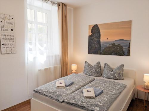 a bedroom with a bed with two pillows on it at HW1B - Urlaubsmagie Gemeinschaftsgarten mit Pool, Sauna & Terrasse in Sebnitz