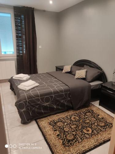 une chambre avec deux lits et un tapis dans l'établissement Charmante maison 4 personnes proche de paris, à Carrières-sous-Poissy