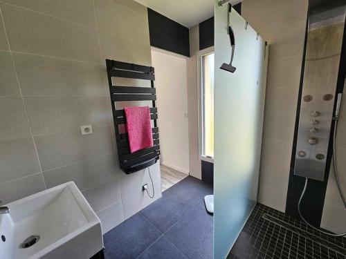 une salle de bain avec un lavabo blanc et une douche dans l'établissement Aux charmes de la campagne, à Venoy