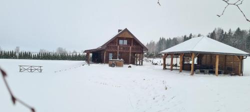 ein mit Schnee bedecktes Gebäude auf einem Feld in der Unterkunft Relax House in Varkaliai