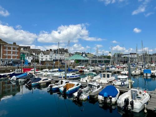 a bunch of boats are docked in a harbor at Raleigh Waterside apartment - The Barbican, Plymouth in Plymouth