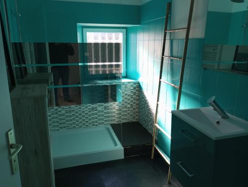 une salle de bain bleue avec une douche et un lavabo dans l'établissement L'oustal, à Teyssieu