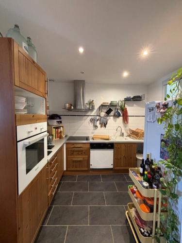 une cuisine avec des armoires en bois et un réfrigérateur blanc dans l'établissement Room in Apartment in Palais Longchamp, Marseille, à Marseille