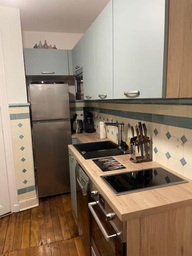 une cuisine avec une cuisinière et un réfrigérateur dans l'établissement Freroski 216, à Mont-Dore