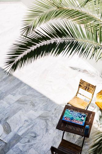 a wooden chair sitting next to a palm tree at Oelia Rooms & Apartments in Agia Marina Aegina
