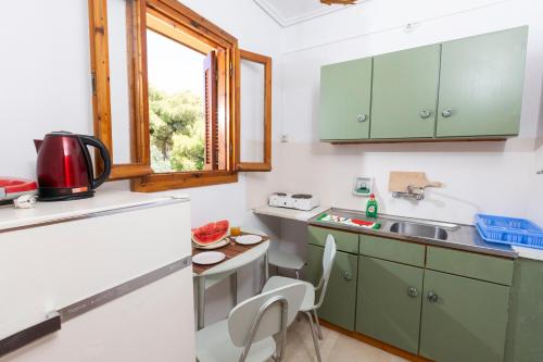 a kitchen with green cabinets and a sink at Oelia Rooms & Apartments in Agia Marina Aegina