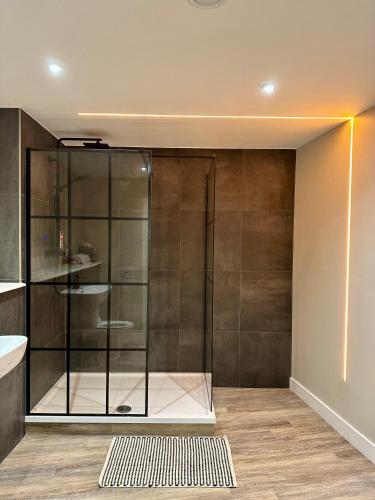 a shower with a glass door in a bathroom at Raleigh Waterside apartment - The Barbican, Plymouth in Plymouth