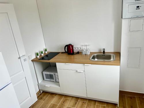 a small white kitchen with a sink and a counter at Gedimino 19 apartments in the old town of Ukmergė in Ukmergė
