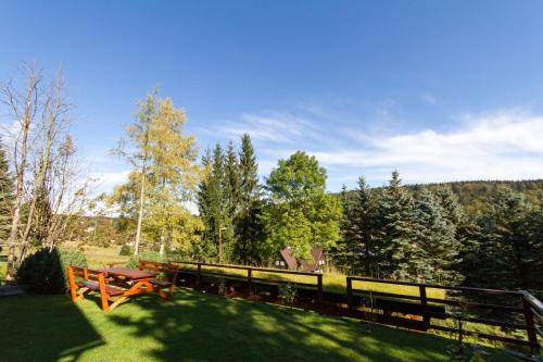 a garden with a picnic table and a fence at Bedřichovská Devítka in Bedřichov