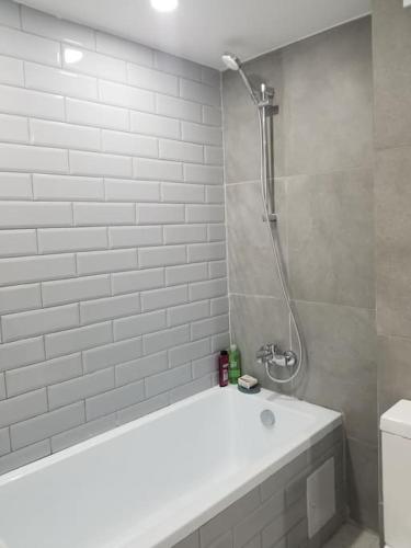 a white bathroom with a shower and a tub at Aquamarine Olimp in Olimp