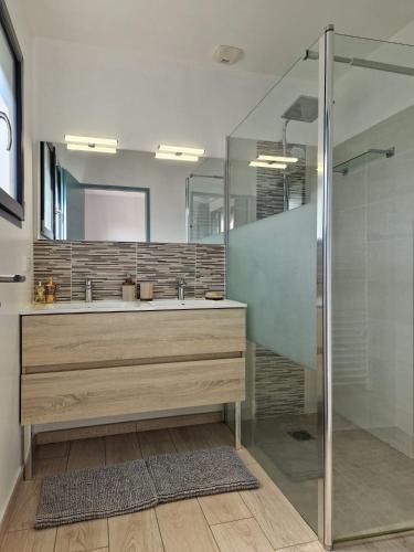 une salle de bain avec une douche en verre et un lavabo dans l'établissement Villa Saint Laï 4 chambres 8 personnes, à Lorgues