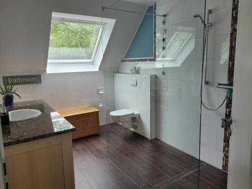 a bathroom with a shower and a sink at Strandhaus am See in Kalkar