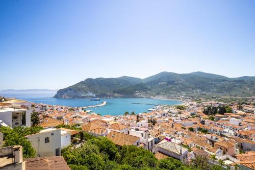 an aerial view of a town with a harbor at Aurora Skopelos in Skopelos Town