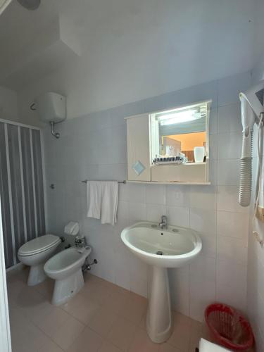 bagno con lavandino, servizi igienici e specchio di Albergo Godenizzo a Peschici