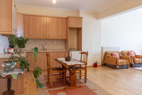a kitchen and living room with a table and a couch at Litochoro Olympus studio in Litochoro