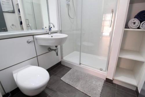 a bathroom with a toilet and a sink and a shower at Campbell Square Apartment 3 in Liverpool