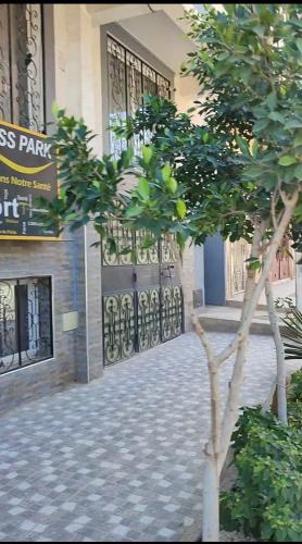 a tree in front of a building with a door at Résidence Les Deux Mules in Ahfir