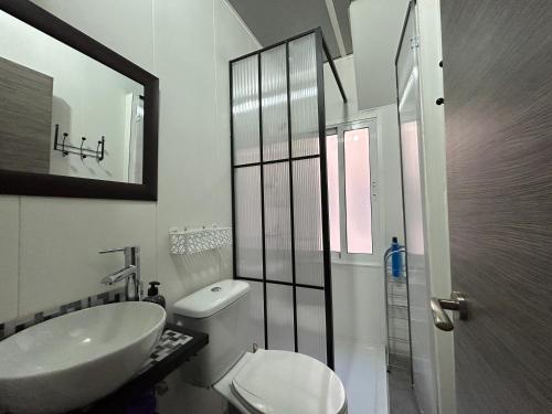 a bathroom with a sink and a toilet and a mirror at Apartamento Libertad in Elda