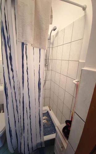 a bathroom with a shower with a blue and white curtain at Santorini by Jasna in Vir