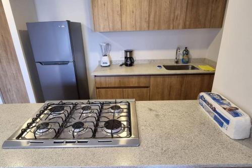a kitchen with a stove top oven next to a refrigerator at Hermoso departamento cerca del Auditorio Telmex in Guadalajara