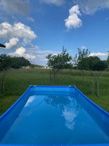 a blue swimming pool in the middle of a field at Green Hills Sibiu in Sibiu