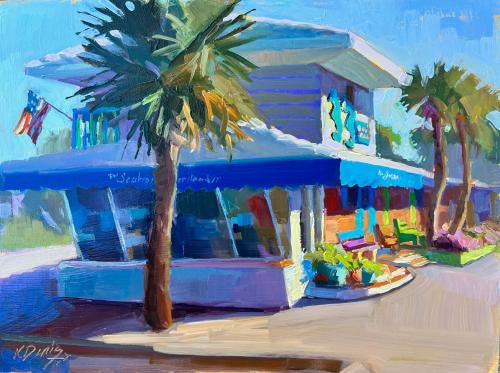a painting of a palm tree in front of a building at Seahorse Inn in New Smyrna Beach