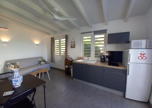 a kitchen with a refrigerator and a table in a room at TIKO LODGE SXM in Saint Martin