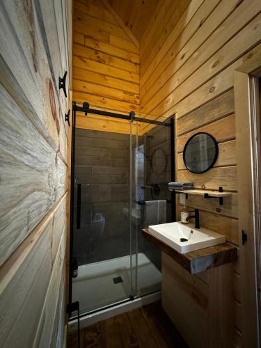 a bathroom with a shower and a sink at Auberge Boréale de Charlevoix in Petit-Saguenay