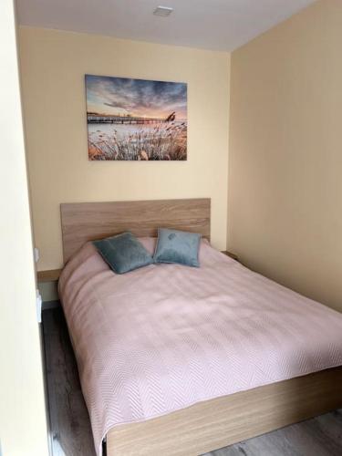 Un dormitorio con una cama con dos almohadas azules. en Lāčplēšas ielas apartment 2, en Liepāja