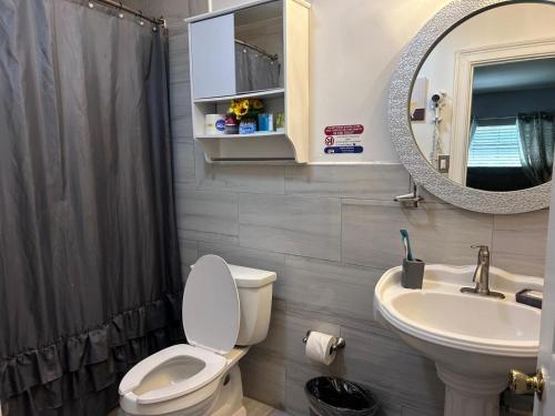a bathroom with a toilet and a sink and a mirror at Jubilee Gardens Freeport in Freeport