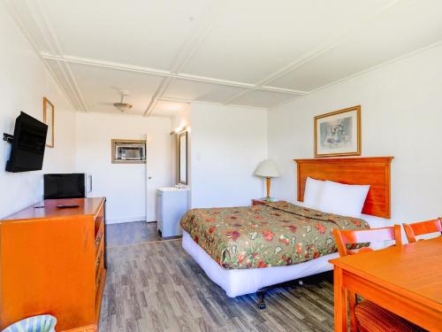 ein Hotelzimmer mit einem Bett und einem Schreibtisch in der Unterkunft Country Hearth Inn & Suites By OYO Sturgis in Sturgis