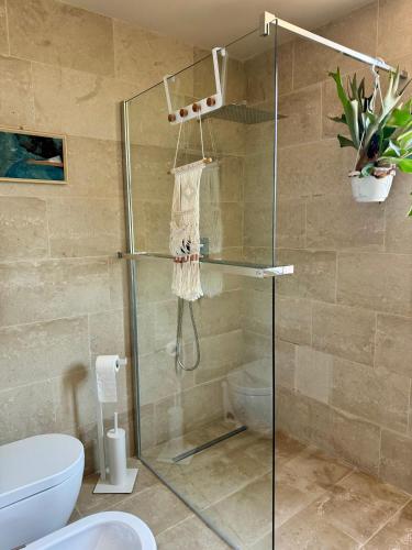 a bathroom with a glass shower with a toilet at Villa Patty in Marzamemi